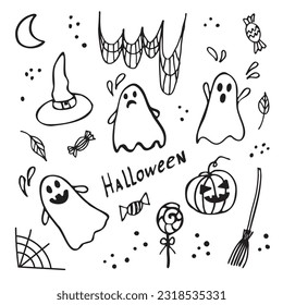 Halloween vector illustration doodle hand drawn. Funny, cute illustration for seasonal design, print, textile, template for kids playroom decoration, greeting card. Isolated white background