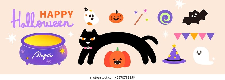 Halloween Vector illustration element set. pumpkin cat title sale template banner colorful party invitation card