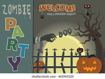 Halloween vector illustration - halloween elements with invitation to zombie party