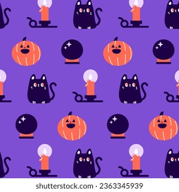 
Halloween vector illustration. Halloween vector elements and pictograms template: black cat, witch cat, pumpkin, crystal ball and lamp. Drawing. SHOTLISTspooky