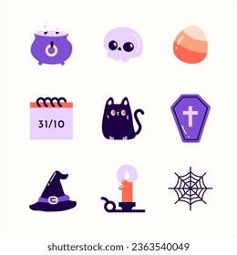 Halloween vector illustration. Halloween vector elements and pictograms template: treat, cauldron, skull, black cat, coffin, spider web, lamp, witch hat. SHOTLISTspooky