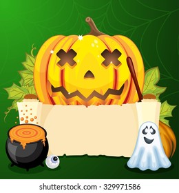 Halloween vector illustration with empty paper scroll