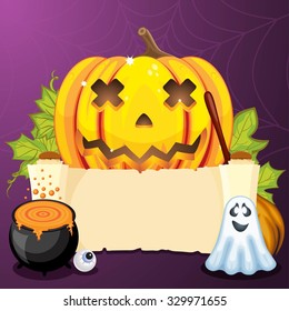 Halloween vector illustration with empty paper scroll
