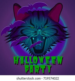 Halloween vector illustration of the evil cat with bats flying out of jaws.