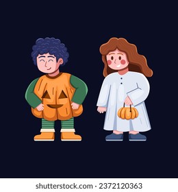 Halloween vector illustration featuring children adorned in delightful pumpkin and ghost girl costumes. The scene captures the essence of the season, filled with laughter, festive spirits.