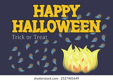 Halloween vector illustration featuring eerie flames, floating spirits, and Happy Halloween text. Perfect for festive and spooky decor.