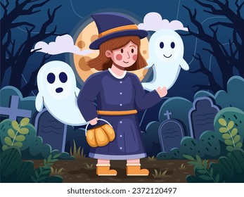 Halloween vector illustration featuring a little girl wearing a witch costume and carrying a candy bag. She's surrounded by spooky ghosts, and the full moon adds an eerie glow to the night.