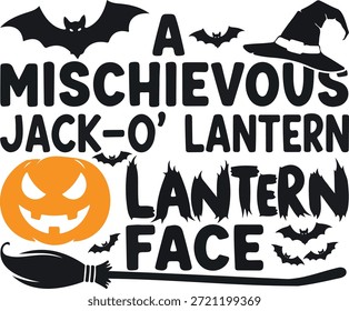 Ilustración vectorial de Halloween con cara de linterna traviesa jack-o' con tipografía audaz y murciélagos voladores.