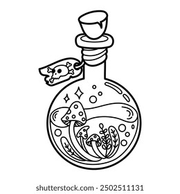 Halloween vector illustration featuring a potion bottle with mushrooms and a skull tag. Perfect for coloring pages