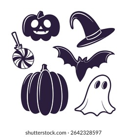 Halloween vector illustration featuring pumpkin bat ghost witch hat and candy
