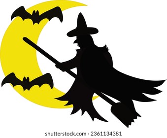 Halloween vector, illustration featuring a wicked witch flying by the moon with bats.
