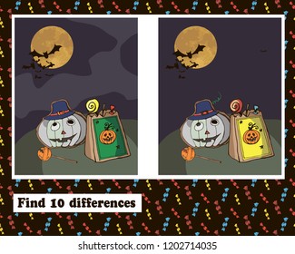 Halloween vector illustration. Find 10 differences. Educational game for children.
