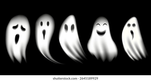 Halloween vector illustration of five glowing cartoon ghosts with various facial expressions on a dark background. Simple spooky style, editable shapes, soft glow effect.