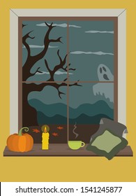Halloween Vector illustration in a flat, cartoon style.
Gloomy Halloween night. On the street, outside the window of a cozy room, ghosts fly, which look into the windows of houses.