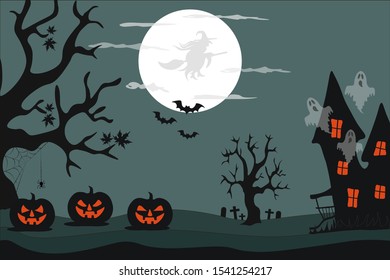 Halloween Vector illustration in a flat style.
Halloween night. Graves, a creepy haunted house, gloomy trees with spiders, a witch who flies on a broomstick and other Halloween attributes.