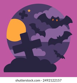 Halloween vector illustration flying bats and graves