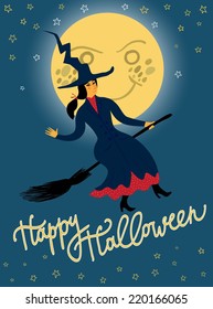 Halloween vector illustration with flying witch on the moon background. Editable vector format