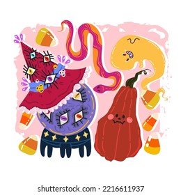 Halloween vector illustration. Сomposition with fortune teller ball, witch hat, pumpkin, ghost, snake. Posters and prints for tee, flat art, cartoon style