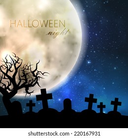 Halloween vector illustration with full moon and cemetery on the night sky background. party flyer design