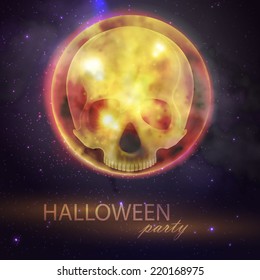 Halloween vector illustration with full moon and skull on the night sky background. party flyer design