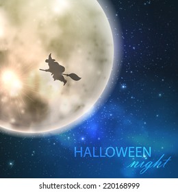 Halloween vector illustration with full moon and witch on the night sky background