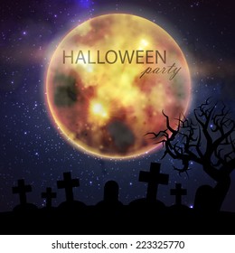 Halloween vector illustration with full moon and cemetery on the night sky background. party flyer design