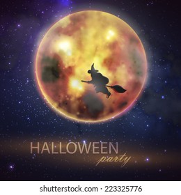 Halloween vector illustration with full moon and witch on the night sky background. party flyer design