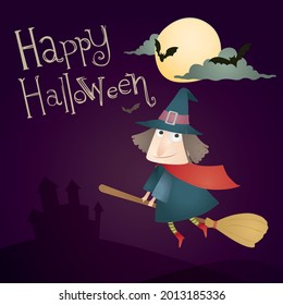 Halloween vector illustration : Fullmoon Banner, Card, Flying broom Witch cloud and Bats in the purple background.