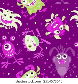 Halloween vector illustration. Funny cartoon monster seamless pattern on bright background. Bright design for party decoration.