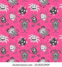 Halloween vector illustration. Funny cartoon monster seamless pattern on bright background. Colorful design for party decoration.