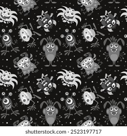 Halloween vector illustration. Funny cartoon monster seamless pattern. Monochrome design for party decoration.