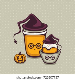 Halloween vector illustration. Funny pumpkin coffee and muffin with glasses and hat. Cute food. Design for logo, menu and autumn offer.