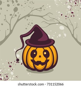 Halloween vector illustration. Funny pumpkin with witch hat. Scary forest. Design for halloween party, poster or invitation.