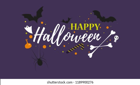 Halloween vector illustration with ghost, bats, candy, skull and sign 'Happy Halloween' in flat style.