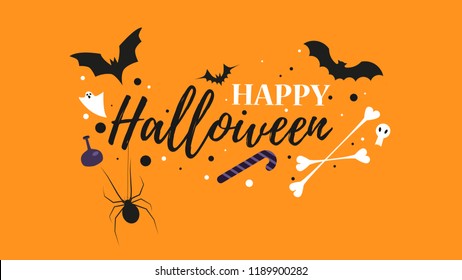 Halloween vector illustration with ghost, bats, candy, skull and sign 'Happy Halloween' in flat style.
