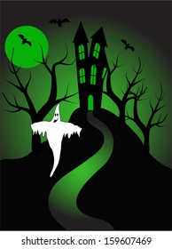 A halloween vector illustration with a ghost  in front of a haunted house