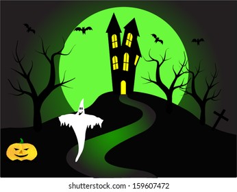 A halloween vector illustration with a ghost  in front of a haunted house