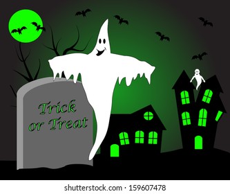 A halloween vector illustration with a ghost  in front of a haunted house