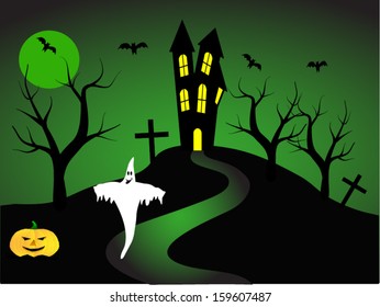 A halloween vector illustration with a ghost  in front of a haunted house
