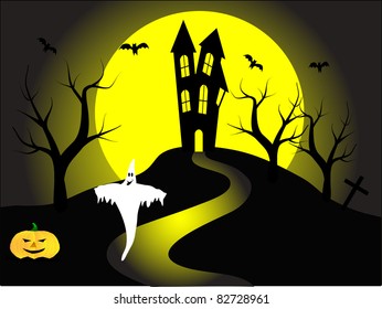 A halloween vector illustration with a ghost  in front of a haunted house