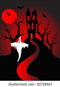 A halloween vector illustration with a ghost  in front of a haunted house
