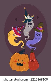 Halloween vector illustration. Сomposition with ghosts in magic hats, pumpkins. Posters and prints for tee, cartoon style, flat art