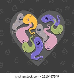 Halloween vector illustration. Сomposition with ghosts. Posters and prints for tee, flat art, cartoon style