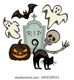 Halloween vector illustration with ghosts, pumpkin lantern, black cat, gravestone and skeleton, design elements for greeting card, invitation, banner.