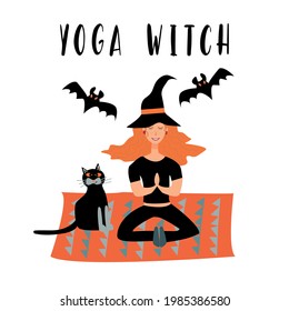 Halloween. Vector illustration of a girl who practices yoga at home with a cat in a witch costume. Holiday card for yoga lovers 