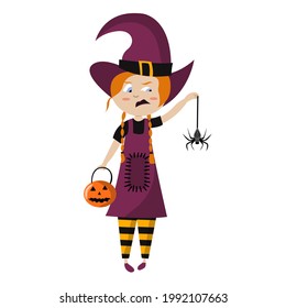 Halloween vector illustration of girl in witch costume with red hair holding pumpkin and spider. Emotion of disgust on face. Cartoon style.