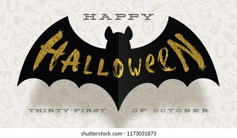 Halloween Vector illustration. Glitter gold greeting on a silhouette of black paper bat, against a background with linear Halloween signs and symbols.