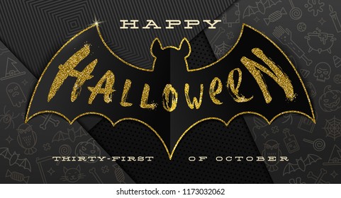 Halloween Vector illustration. Glitter gold greeting on a silhouette of paper bat, against a black paper background with linear Halloween signs and symbols.