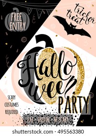 Halloween vector illustration glitter luxury invitation to party with fun pumpkin, bat, confetti, garland elements. Halloween party cute decoration template for shine, gold poster, banner