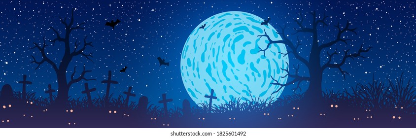 Halloween Vector illustration. Glowing eyes in cemetery on background of full moon.